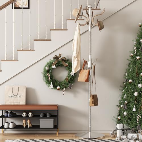 Metal Coat Rack Stand Coat Rack Freestanding with 12 Hooks,Silver | Sturdy Heavy Duty Modern Coats Tree for Bags Clothes Hall Tree Hats Hanger Holder Stand for Entryway Bedroom Hallway Office - color: Silver Cyan with 12 Hooks