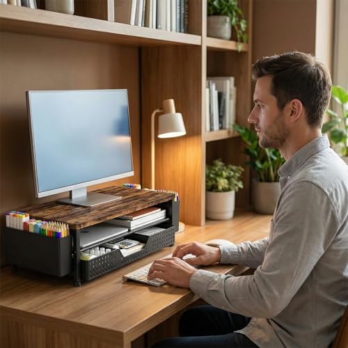 LEKETREE Wood Desk Organizer, 2-Tier Computer Monitor Stand Riser with Storage Drawer and 2 Pen Holders, Laptop & Printer Stand, Shelf for Top of Desk (Rustic Brown)