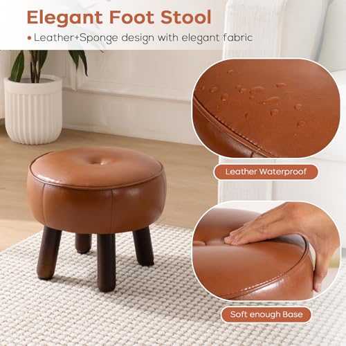 oakvivo Small Foot Stool, 13in Round Faux Leather Pouf Ottoman Foot Rest | Footstool Ottomans with Rubber Legs Under Desk, 13''L x 13''W x 10.2''H, Footrest for Couch, Living Room Bedroom, Brown - color: Brown