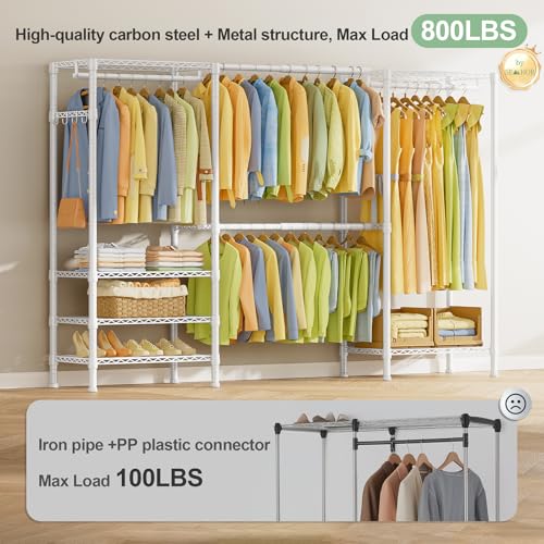SEMHOR E06 Expandable Heavy Duty Clothes Rack for Reach-in Closet | Freestanding Clothing Racks with Shelves, Carbon Steel Closet Organizer System Adjustable 70.8-93.9", Max Load 800LBS, White - color: White