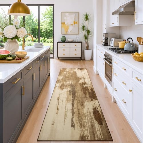 2x6 Hallway Runner Rug Washable Non-Slip Brown Low Pile Carpet | Stain Resistant, Soft Faux Wool, Abstract Pattern for Kitchen Walkway, Laundry Room, Entryway, Hallways - color: Brown, size: 2' x 6'(24''x72'')
