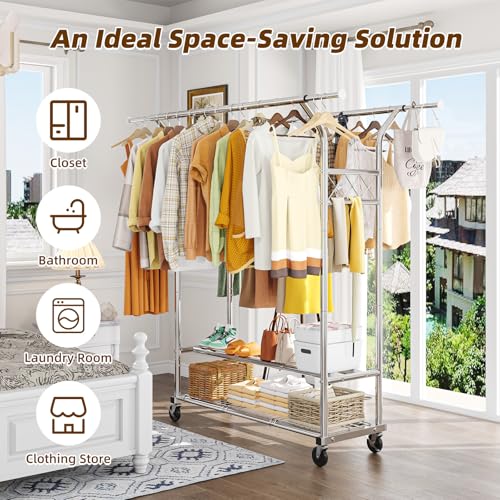 Simple Trending Heavy Duty Clothing Clothes Rack for Hanging, Rolling Double Rod Garment Rack Organizer with Wheels Load 620 LBS, Chrome - size: Double Shelves