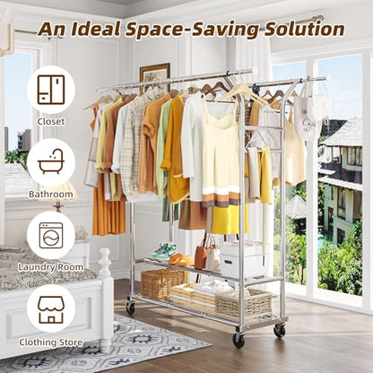 Simple Trending Heavy Duty Clothing Clothes Rack for Hanging, Rolling Double Rod Garment Rack Organizer with Wheels Load 620 LBS, Chrome - size: Double Shelves