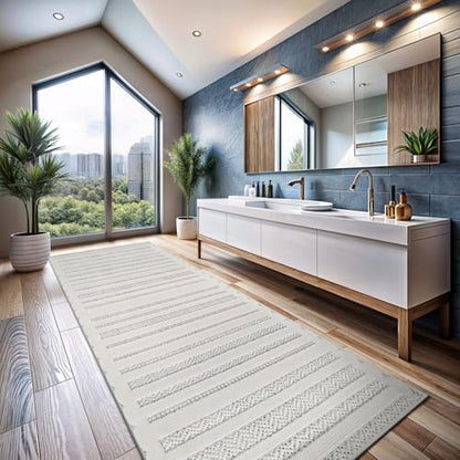 Modern Runner Rug 2x7 Luxury Striped Line Micro Loop Hallway Rugs Soft High-Low Pile Stain Resistant Easy to Clean Non-Shedding Durable Entryway Kitchen Indoor Area Carpet (White) - color: Linear / White, size: 2' x 7' (Rectangular)