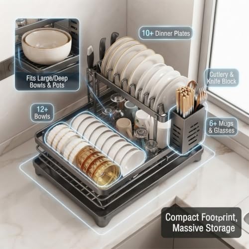 Stainless Steel Dish Drying Rack for Kitchen Counter, 2-Tier Dish Racks for Kitchen Counter, Compact Dish Drainer with Auto-Drainboard & Utensil Holder for Plates, Bowls, Cups and Cutlery (D-1) - color: D-1