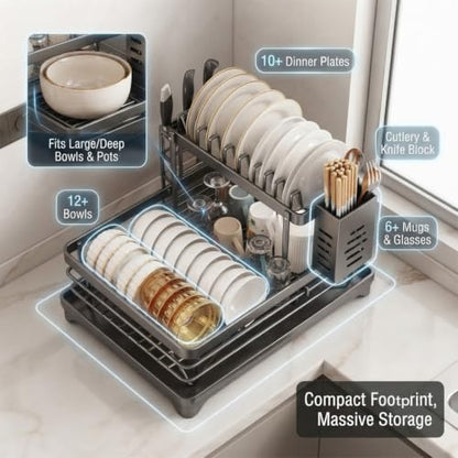 Stainless Steel Dish Drying Rack for Kitchen Counter, 2-Tier Dish Racks for Kitchen Counter, Compact Dish Drainer with Auto-Drainboard & Utensil Holder for Plates, Bowls, Cups and Cutlery (D-1) - color: D-1