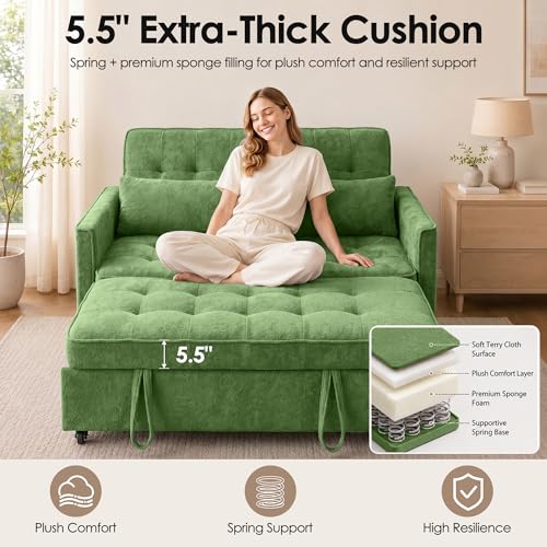 Dreamzie 55'' 3 in 1 Convertible Sofa Bed with USB Charging Ports, Pull Out Couch with Adjustable Backrest and Side Pockets, Sleeper Sofa for Living Room, Apartment, RV, Easy Assembly - Green - color: Green
