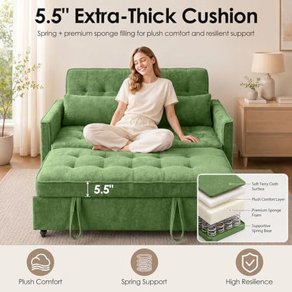 Dreamzie 55'' 3 in 1 Convertible Sofa Bed with USB Charging Ports, Pull Out Couch with Adjustable Backrest and Side Pockets, Sleeper Sofa for Living Room, Apartment, RV, Easy Assembly - Green - color: Green