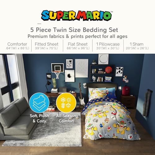 Nintendo Super Mario Bowser Bedding Set, Twin Size 5 Piece Set Kids Super Soft Cozy Reversible Comforter and Sheet Set with Sham, (100% Officially Licensed Product) by Franco - color: Super Mario Bowser Crew, size: Twin