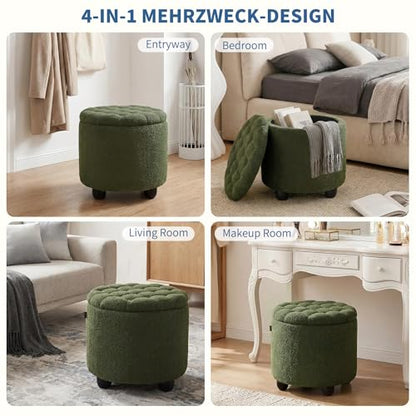 Modern Round Storage Ottoman, Upholstered Button Tufted Ottoman Footstool Ottomans with Removable Lid Storage Footstool for Living Room, Bedroom, Makeup Room, Teddy, Green - color: Green
