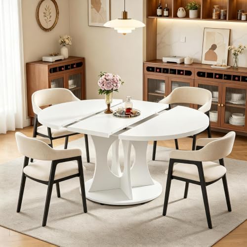 43-59" Expandable Round Dining Table, Kitchen Table with Hidden Storage | Space Saving White Modern Design, Solid Pedestal Base for Dining Room & Small Apartments, Wood Table, Easy Assembly