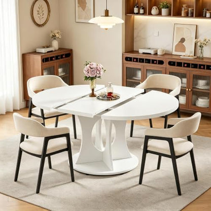 43-59" Expandable Round Dining Table, Kitchen Table with Hidden Storage | Space Saving White Modern Design, Solid Pedestal Base for Dining Room & Small Apartments, Wood Table, Easy Assembly