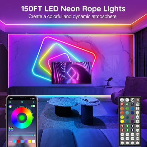 AILBTON 150Ft Neon Rope Lights,Flexible Led Rope Lights Control with App/Remote,Multiple Modes RopeLights,IP65 Outdoor RGB Led Neon Lights NonWater Resistant,Music Sync Gaming Led NeonLight Strip - size: 150FT