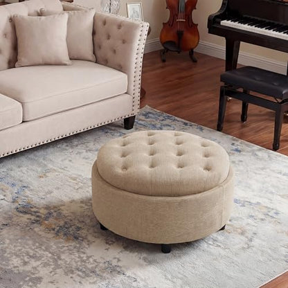 COLAMY Round Hidden Storage Ottoman with Reversible Tray Lid – Multi-Functional Footrest, Sturdy & Stylish Fabric Coffee Table for Living Room, Bedroom, or Entryway, Camel - color: Camel
