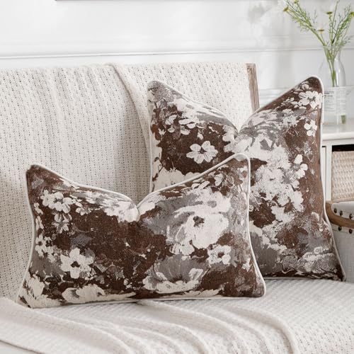 Vintage Floral Throw Pillow Covers 18x18 Set of 2 Neutral Boho Farmhouse Soft Chenille Jacquard Decorative Couch Pillow Covers for Sofa Couch Bed Living Room Home Décor Beige Brown - color: Beige Brown, size: 18" x 18" (Pack of 2)