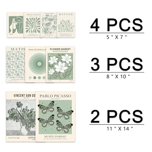 KONGSY Sage Green Wall Art Prints Set of 9, Abstract Matisse Exhibition Posters, Boho Art Prints, Sage Green Wall Decor, Aesthetic Pictures Room Decor for Teen Girls Dorm, Bedroom - color: Sage Green
