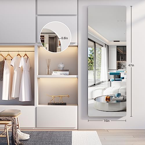 Hasipu Full Length Mirror with Lights, 56" x 16" LED Floor Mirror, Full Body Dressing Standing Mirror, Hanging Mounted Mirror for Living Room Bedroom Cloakroom, Round White
