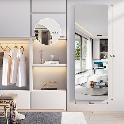 Hasipu Full Length Mirror with Lights, 56" x 16" LED Floor Mirror, Full Body Dressing Standing Mirror, Hanging Mounted Mirror for Living Room Bedroom Cloakroom, Round White