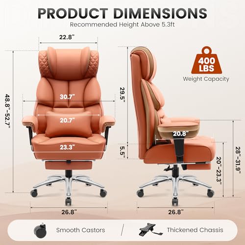BestGlory Office Desk Chair, Big and Tall Leather Gaming Chair with Footrest, Wide Ergonomic Comfy Executive High-Back Reclining Computer Chairs, Swivel Rolling Wheels and Lumbar Support, Brown - color: Terracotta, style: 3 Position Reclining