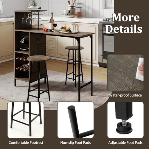 GOFLAME Bar Table Set for 2, Counter Height Dining Table Set with Shelves, Cup Holder & Wine Rack, Breakfast Table & Stools Set, 3-Piece Pub Table Set for Kitchen, Dining Room, Grey Oak - color: Grey Oak