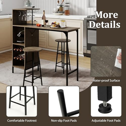 GOFLAME Bar Table Set for 2, Counter Height Dining Table Set with Shelves, Cup Holder & Wine Rack, Breakfast Table & Stools Set, 3-Piece Pub Table Set for Kitchen, Dining Room, Grey Oak - color: Grey Oak