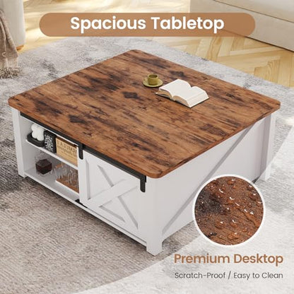 SEDETA 31.5" Lift Top Coffee Table with Storage, Square Coffee Tables for Living Room, Farmhouse Coffee Table with Large Hidden Storage Compartment and Adjustable Shelves, White - color: White