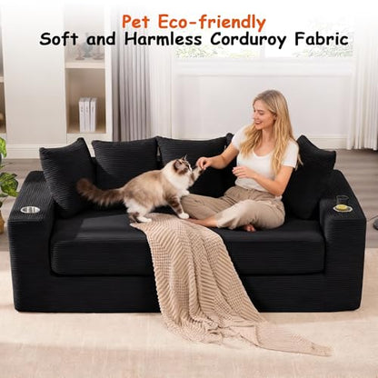 76" Convertible Sofa Bed, Corduroy Boneless Couch with Cup Holders & Pocket | 2-in-1 Sleeper Sofa, Pull-out Couch Bed with 5 Pillows, Living Room, Small Spaces, Bedroom, No Assembly - color: 76" Black