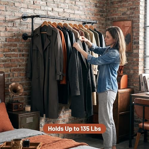 Industrial Pipe Clothing Rack, Hanging Clothes Rod, Wall Garment Rack | Heavy Duty Space Saving Clothes Bar, Metal Clothing Hanging Rails for Closet Home Bedroom Retailer Laundry, Black, 2Pcs