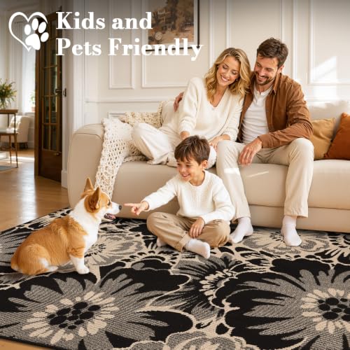 Findosom Washable Area Rug 5x7, Non Slip High-Low Textured Floral Rugs for Living Room with Rubber Backing, Boho Carpet for Bedroom, Kitchen, Entryway, Laundry, Black & Beige - color: Black/Beige, size: 5' x 7'