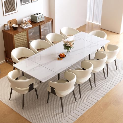 62.9"–94.4" Modern White Extendable Dining Table for 6–10 People | Scratch & Heat Resistant Sintered Stone Tabletop Kitchen Table, Stainless Steel Leg Design for Dining Room & Outdoor Patio - color: White 62.9” of 94.4”