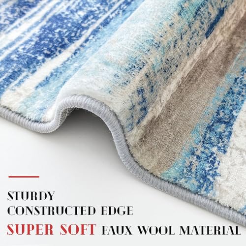 Lansny Modern Abstract 2x5 Runner Rug Non Slip Washable Kitchen Rugs | Blue;Thin Printed Faux Wool Entryway Runners;Hallway Rug Runner;Carpet Ruuner for Bedroom, Laundry Room - color: Blue Aqua/Beige Taupe Multi, size: 2' x 5' (Runner)