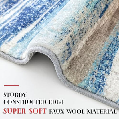 Lansny Modern Abstract 2x5 Runner Rug Non Slip Washable Kitchen Rugs | Blue;Thin Printed Faux Wool Entryway Runners;Hallway Rug Runner;Carpet Ruuner for Bedroom, Laundry Room - color: Blue Aqua/Beige Taupe Multi, size: 2' x 5' (Runner)