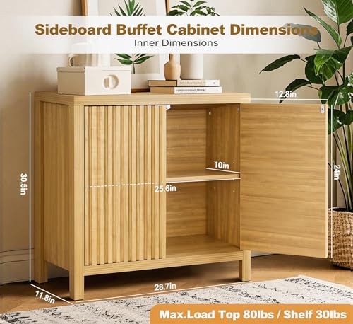 ZYBT Fluted Sideboard Buffet Cabinet, Mid Century Modern Accent Cabinet with 2 Doors and Adjustable Shelf, Storage Cupboard Credenza Console Table for Living Kitchen Dining Room Hallway (Oak) - style: 2Door Oak