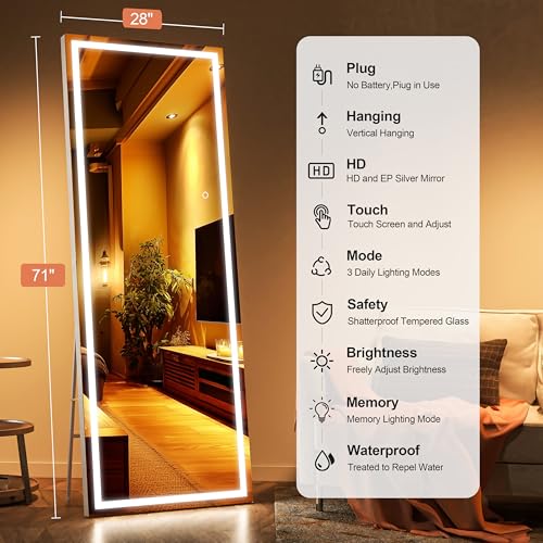71" x 28" Full Length Mirror with Lights, LED Lighted Floor Standing Body Mirror, Dimmable & 3 Color Lighting for Bedroom, Cloakroom, Dressing Room, Tempered Glass, White Frame - color: White, size: 71"L x 28"W