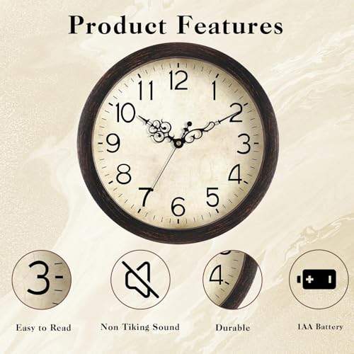 KECYET 16" Wall Clock Large Battery Operated Quartz Silent Quartz (Bronze) | Kitchen Clock Living Room Retro Rustic Kitchen Bathroom Home Office Bronze - size: 16 Inch
