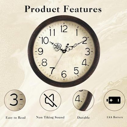 KECYET 16" Wall Clock Large Battery Operated Quartz Silent Quartz (Bronze) | Kitchen Clock Living Room Retro Rustic Kitchen Bathroom Home Office Bronze - size: 16 Inch