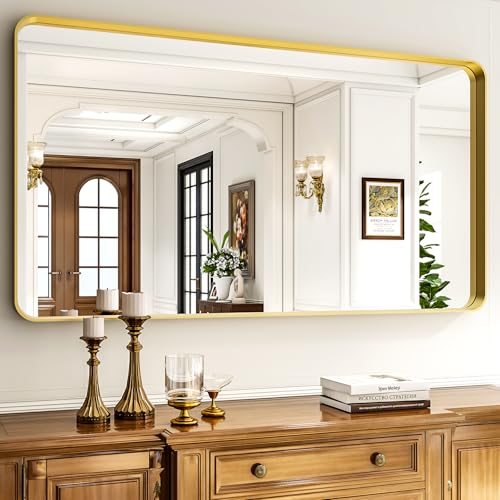 55"x 30" Gold Bathroom Mirror - Aluminum Framed Wall Mirror, Bathroom Wall Mounted Vanity Mirror, Bedroom, Living Room Wall Mirror, Hang Horizontally or Vertically - color: Gold, size: 55"L x 30"W