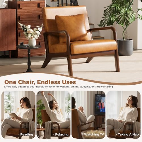Mid-Century Modern Chair,Upholstered Accent Chair Reading Arm Chair with Cushion & Lumbar Pillow & Solid Wood Frame for Lounge, Living Room, Bedroom, Office, Brown-PU Leather, 2PCS - color: New Arrival - Brown, Pu Leather, size: Set of 2