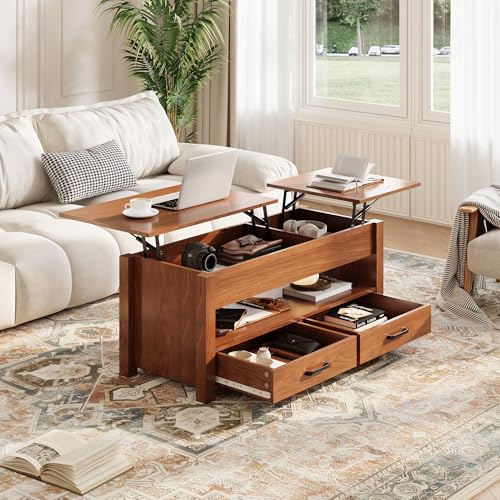Multifunctional Lift Top Coffee Table, Convertible Wooden Coffee Table with 2 Drawers & Hidden Compartment, Storage Center Table for Living Room Home Office,Brown - color: Brown