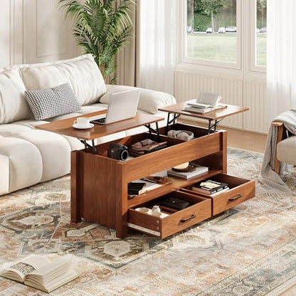 Multifunctional Lift Top Coffee Table, Convertible Wooden Coffee Table with 2 Drawers & Hidden Compartment, Storage Center Table for Living Room Home Office,Brown - color: Brown