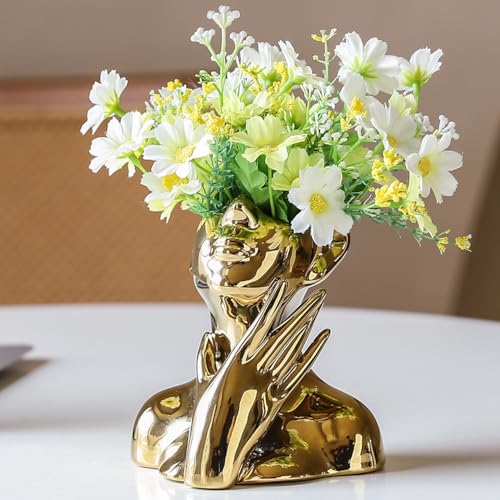 BrownLove Golden Ceramic Face Vase, Modern Golden Decorative Art Vase, Bookshelf Placed On The Desktop, Small Living Room, Office and Bedroom - style: Golden-Charming