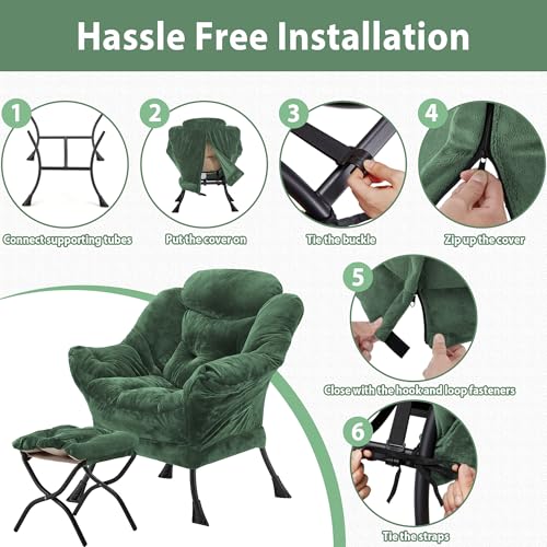 Youtanic Lazy Chair with Folding Ottoman, Accent Chair Plush Upholstered with Metal Structure and Non-Slip Pads, Sofa Armchair with Footrest and Side Storage Bag for Dorm, Room, Office, Green - color: Plush Green