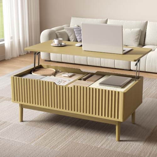 39” Fluted Lift Top Coffee Table with Storage, Oak | Mid Century Modern Coffee Table for Living Room, Home Office - color: Oak, size: 18.9"D x 39.4"W x 16.5"H