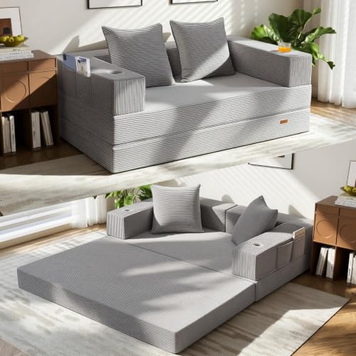 COMAX Futon Sofa Bed, Convertible Sofa Bed, Folding Boneless Couches | Low-Profile Boneless Couch for Living Room, 11.8" H Low Seat Small 59" Foldable Floor Sleeper Mattress Lounge Space‑Saving - color: Light Grey, size: 59"