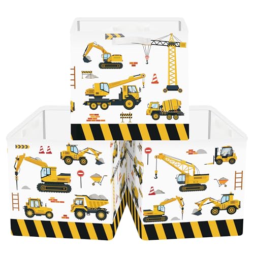 Clastyle 11.8" Car Storage Basket Set of 3 for Kid Boy Toy Clothes Bin | Collapsible Fabric Book Bin, Metal Frame Bottom Board, Cube Organizer, Closet Nursery Pantry Shelf Bedroom, Construction Car - color: Yellow Vehicle, size: 30x30x30 cm