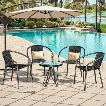 4 Pack Patio Stackable Rattan Chairs, Indoor-Outdoor Restaurant Bistro Wicker Dining All-Weather Armchair Stack Chair, Black - color: Bk-blk