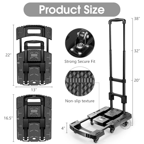 Voipvvii Folding Hand Truck 500lbs, Portable Heavy Duty Dolly Cart, 6 Wheels Collapsible Luggage Cart with 2 Elastic Ropes - Compact Trolley Cart for Easy Moving - Ideal Hand Cart for Travel and More - color: Black
