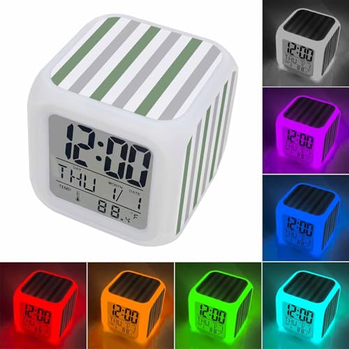 Digital Alarm Clocks for Bedroom,Modern Minimalist Striped Art Cube Alarm Clock with Snooze and Nightlight Sage Green Gray Stripe Silent Office Desk Clock Time/Date/Temperature Display - color: Green Gray