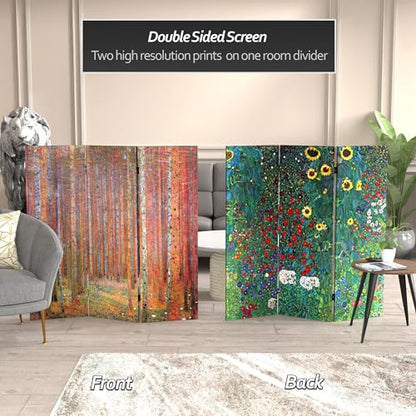 Red Lantern Double Sided Works of Klimt Room Divider - Tannenwald/Farm Garden, 4 Foot - 3 Panel - color: Tannenwald/Farm Garden, size: 4 Foot - 3 Panel
