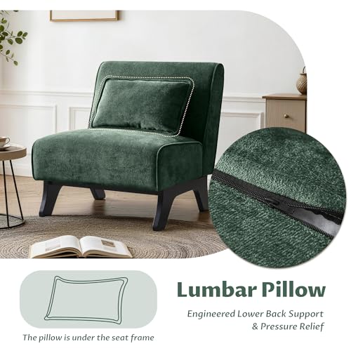 Armless Accent Chair Comfy Upholstered Modern Living Room Side Chair | Comfy Small Accent Lounge Chair with Pillow & Wooden Legs Accent Chair for Living Room Bedroom Farmhouse Reading Green - color: Dark Green